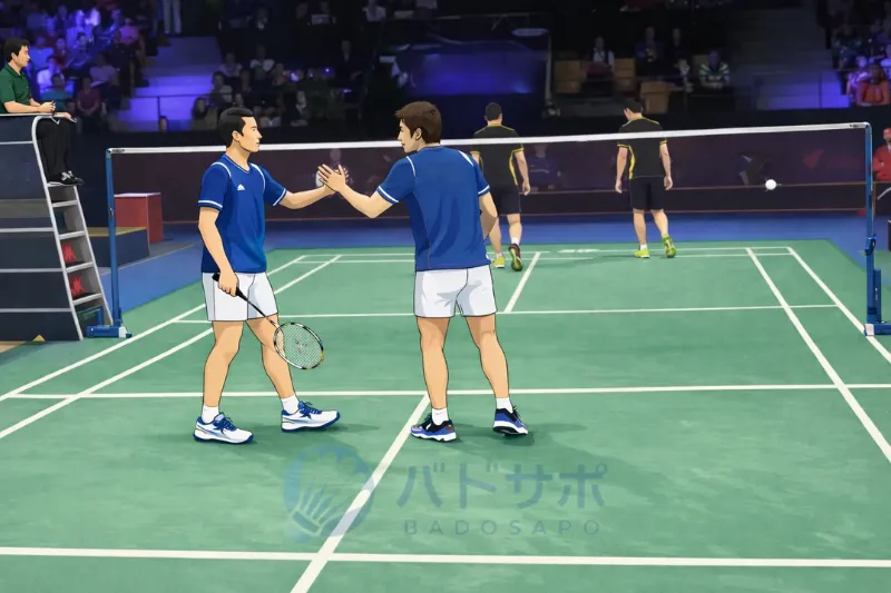 バドミントン サーブルールを理解して得点するダブルス選手のシーン