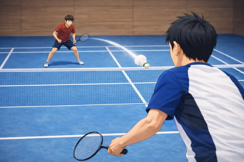 バドミントンの正しいサーブフォームとフェアなラリーのイメージ図