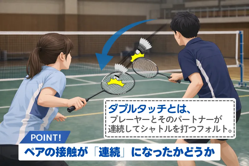 バドミントンのダブルタッチ図解。前衛の後に後衛も触れるダブルスの連続ヒット場面