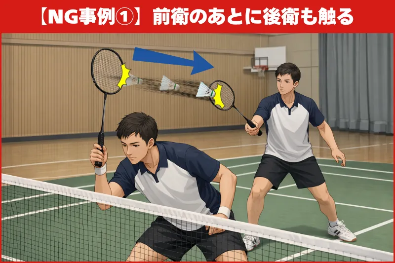 バドミントンのダブルタッチNG例。前衛がかすった後に後衛も触れる連続ヒット場面