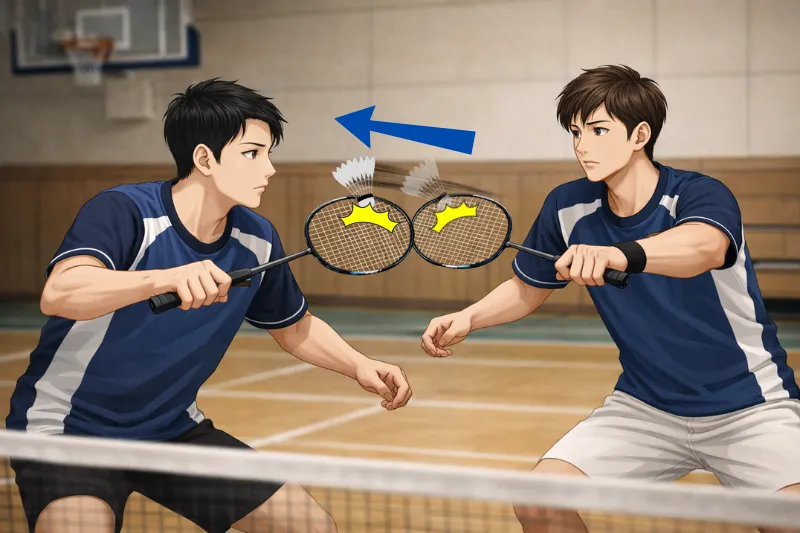 バドミントンのダブルタッチのOK・NG事例イメージ。ダブルスで同じチームが2回触れる場面