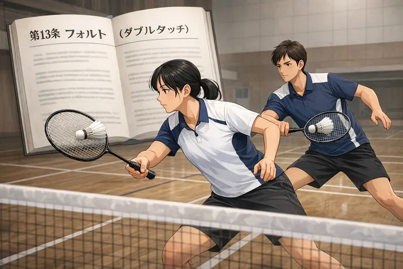 バドミントンのダブルタッチの公式ルールイメージ。前衛と後衛が連続して触れるフォルト場面
