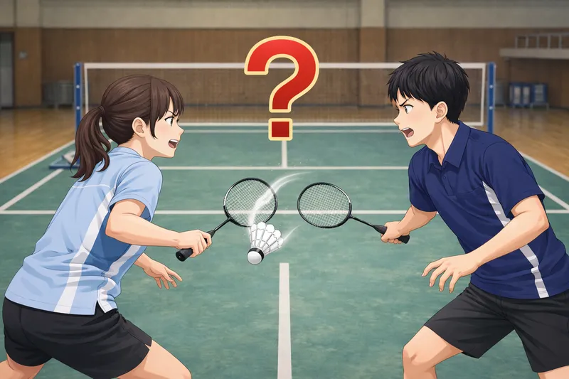 バドミントンのダブルタッチFAQイメージ。前衛と後衛が同じシャトルを見合うダブルス場面