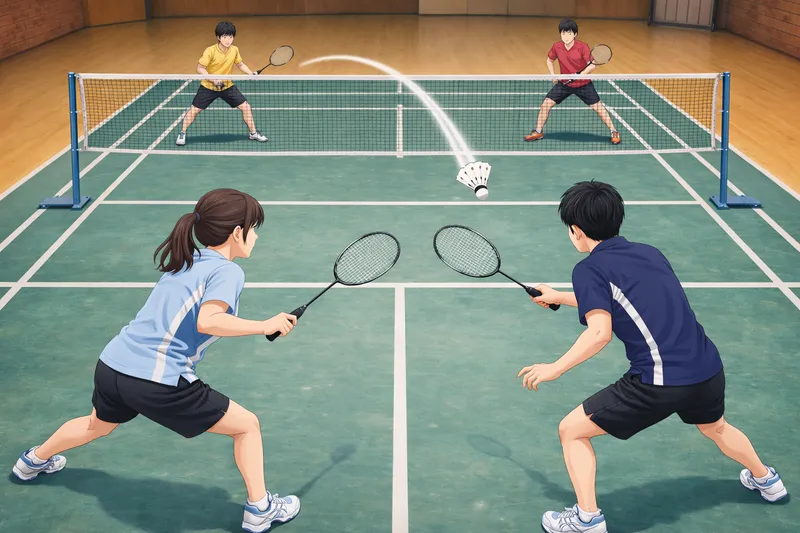 バドミントンのダブルタッチまとめイメージ。ダブルスでペアが返球に構える場面