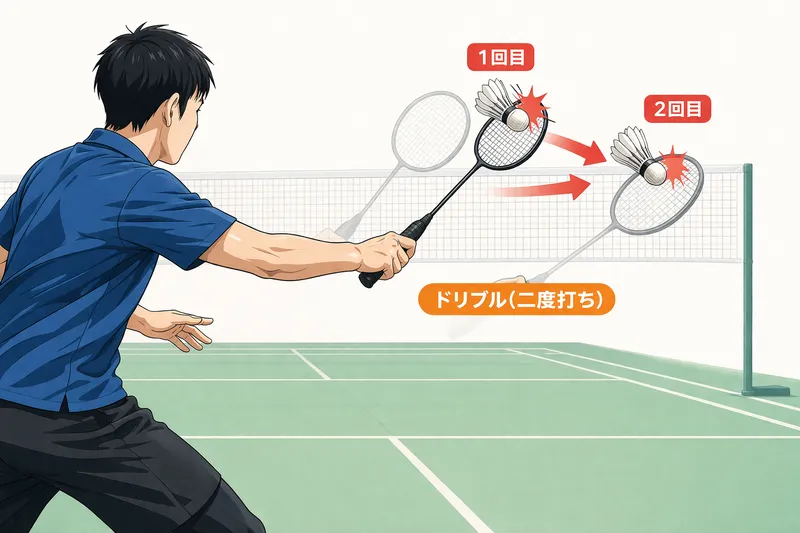 バドミントンのドリブル（二度打ち）で1回目と2回目の2ストロークを示した図解