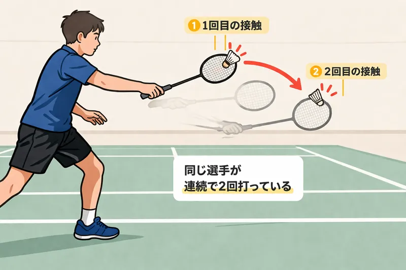 バドミントンのドリブル（二度打ち）で同じ選手が連続して2回打つ場面を示した図解