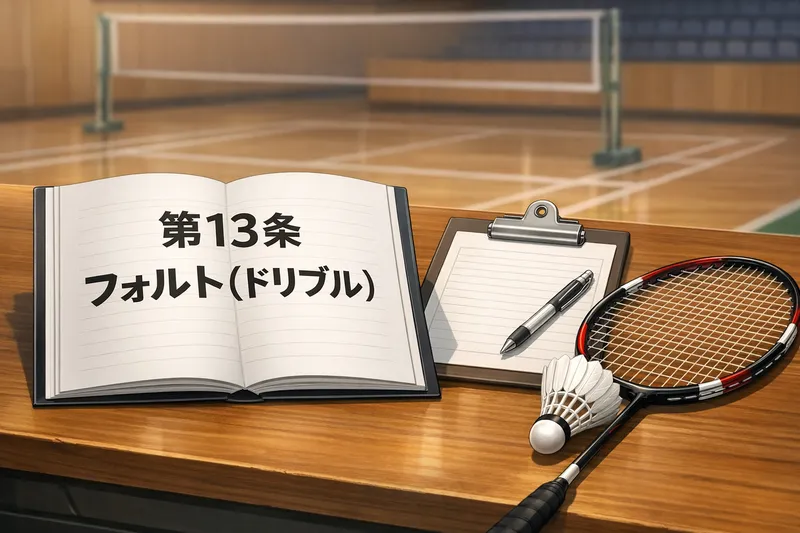 バドミントンの公式ルール第13条フォルト（ドリブル）を示すルールブックとラケット・シャトルのイメージ