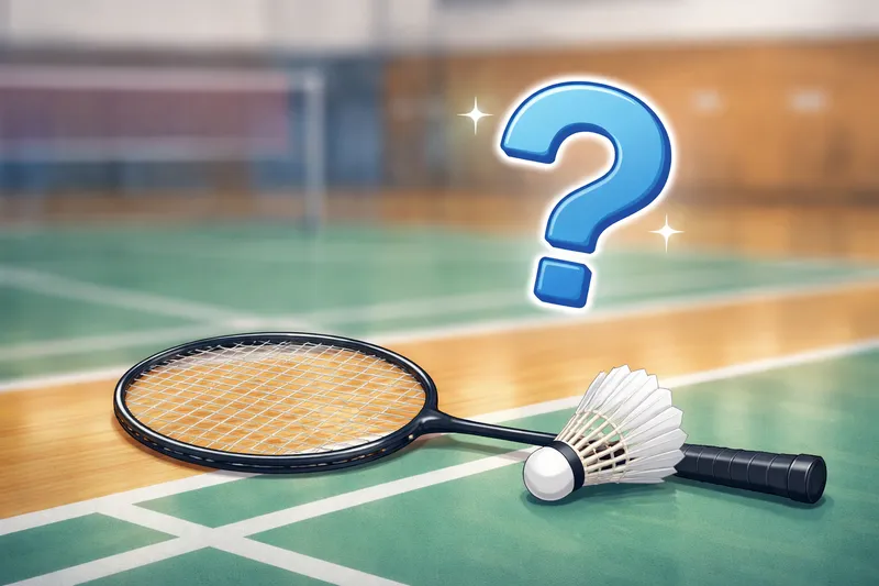バドミントンコート上のラケットとシャトルにクエスチョンマークを重ねたFAQ用イメージ