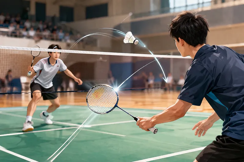 バドミントンの試合で1ストロークでシャトルを返球するシーンのイメージ