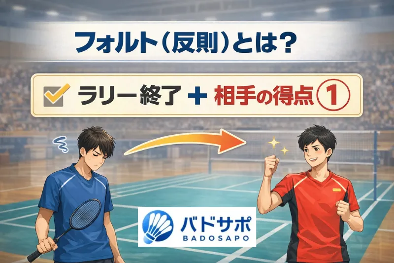 バドミントンのフォルトとは何かをラリー終了と相手の得点で示した教材風画像