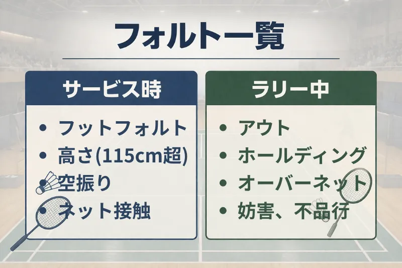バドミントンのフォルト一覧をサービス時とラリー中の2つに分けて示した教材風画像