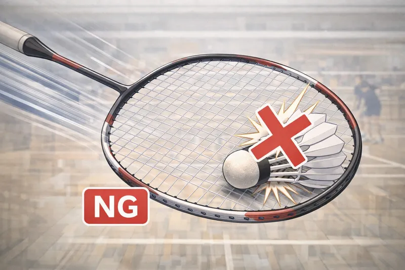 バドミントンのサービスフォルト例｜シャトルの羽根側を先に打つ「当て方のフォルト（NG）」を示した図解