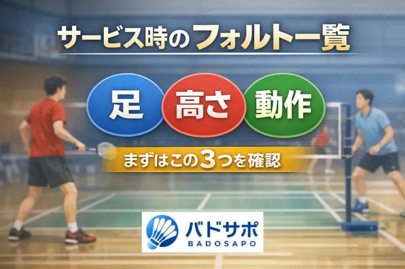 バドミントンのサーブフォルト一覧を足・高さ・動作の3つで整理した教材風画像