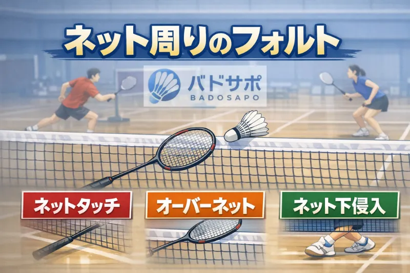 バドミントンのネット周りのフォルトをネットタッチ・オーバーネット・ネット下侵入で示した画像