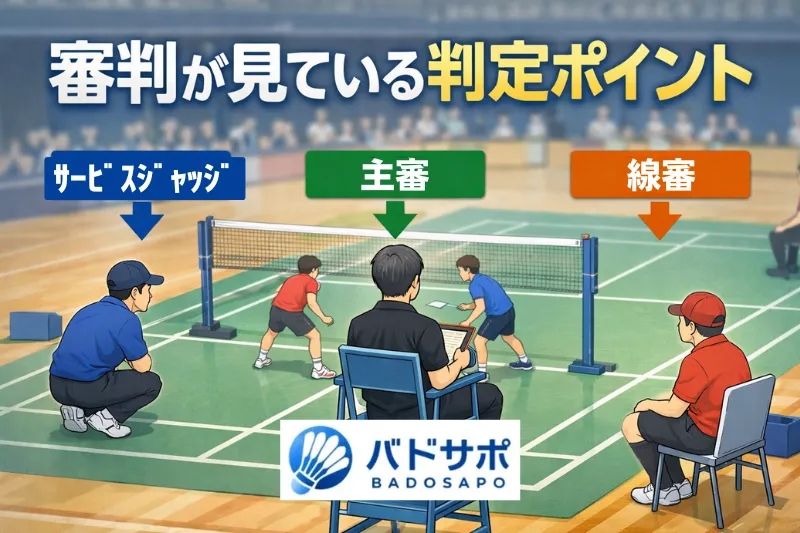 バドミントンの審判が見ている判定ポイントをサービスジャッジ・主審・線審で整理した画像