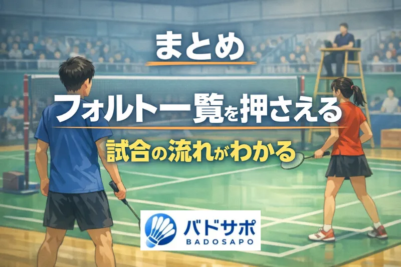 バドミントンのフォルト一覧を押さえると試合の流れがわかることを示したまとめ用画像