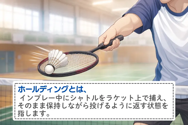 ホールディング（保持・投げ）の意味｜ラケット面でシャトルを保持するイメージ図