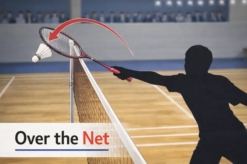 Over the Netの文字入り｜相手コート内でシャトルを打つオーバーネットの反則イラスト