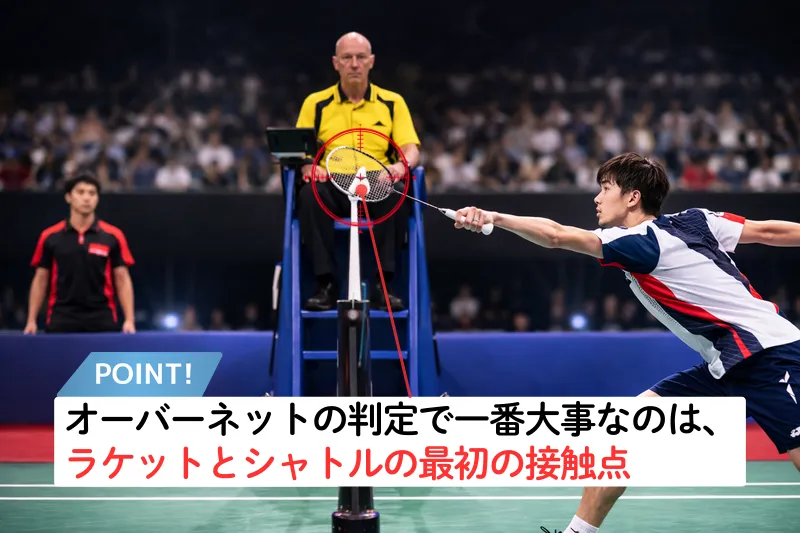 バドミントンのオーバーネット判定図｜ラケットとシャトルの最初の接触点を示す説明画像