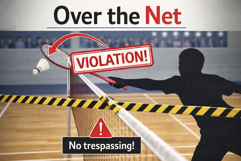 Over the Netのタイトル入り｜ラケットが相手コートに侵入して打とうとしているバドミントンイラスト