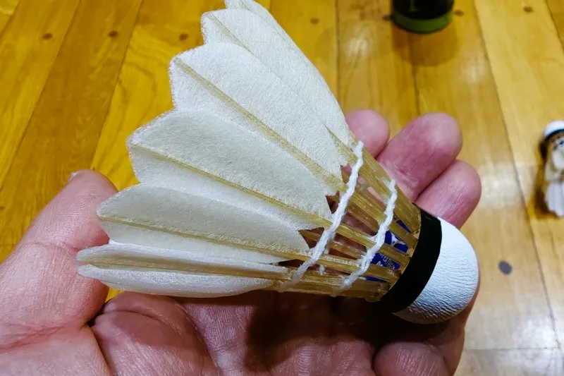 ミズノ人工シャトル「テックフェザー03（TECH FEATHER 03）」を手に持った写真