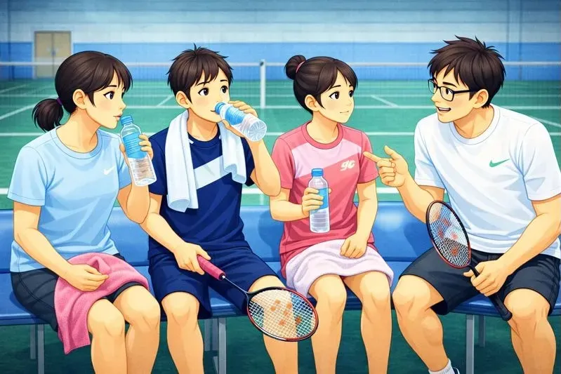 バドサポ管理人・バド研究パパが家族にバドミントンのアドバイスをしている様子