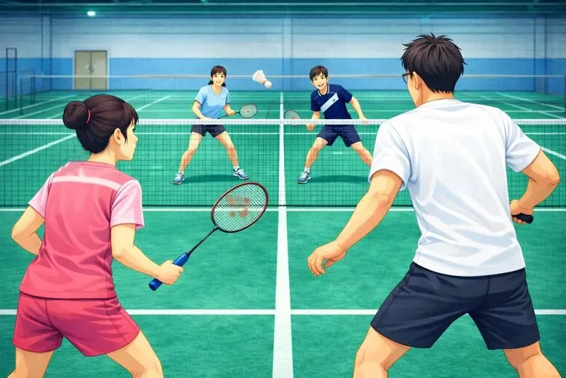 このブログの情報源とレビュー基準を表すイメージ｜管理人と家族のバドミントン練習風景