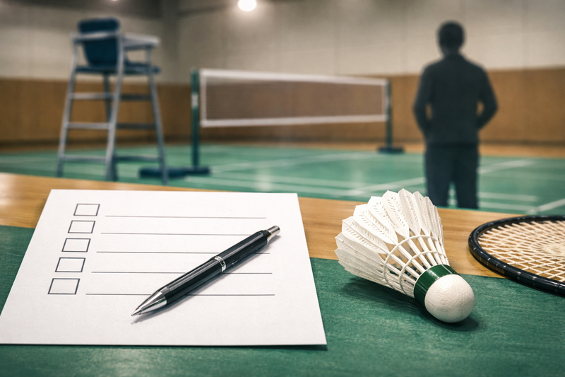 人工シャトルの試合要項チェックをイメージしたバドミントンコートの教育ビジュアル