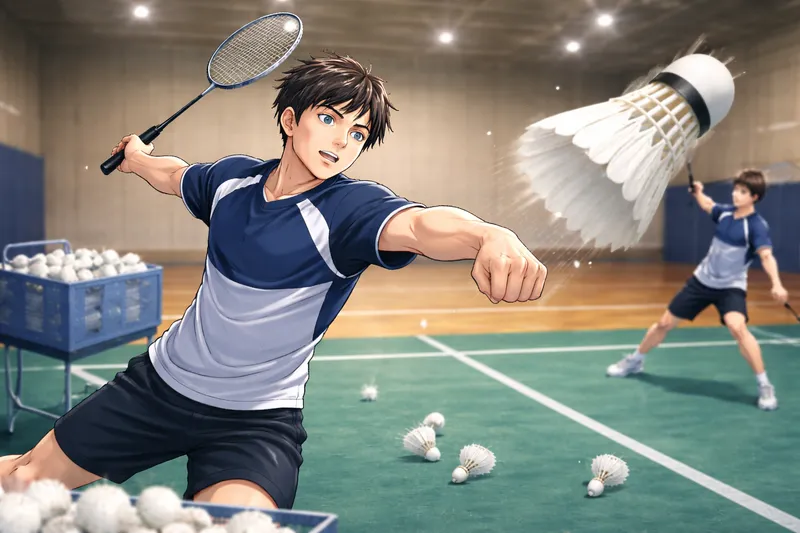 人工シャトルでスマッシュ練習を行うバドミントン選手のイラスト